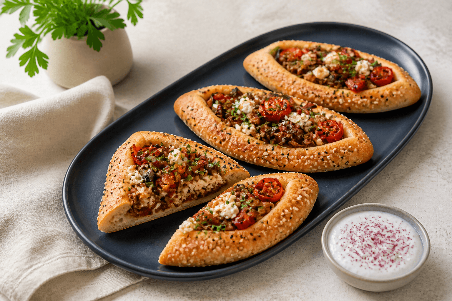 Tre små tyrkiske pide på blækblåt fad med krydret oksekød, bagt aubergine, rød peber, cherrytomat, feta og sumakyoghurt