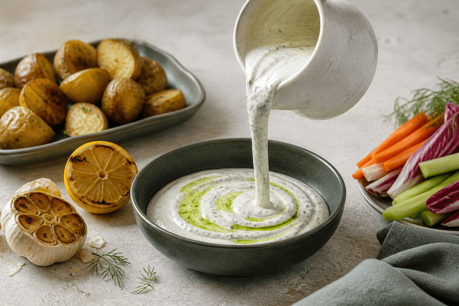 Tyk hvidløgsdressing hældt fra råhvid kande i mørkegrøn skål med grøn urteolie, bagt hvidløg, grillet citron, kartofler og grøntsagsstave