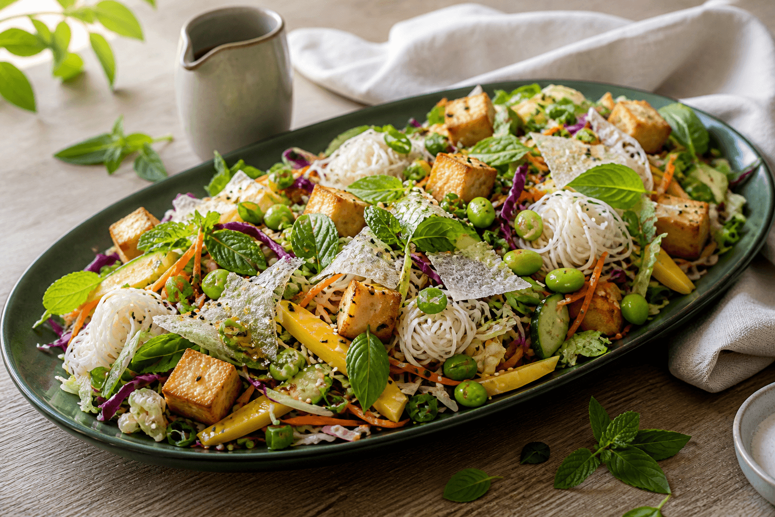 Asiatisk kålsalat på mørkegrønt fad med mango, edamame, sprød tofu, risnudler, kål, agurk, urter, sesam og rispapirknas