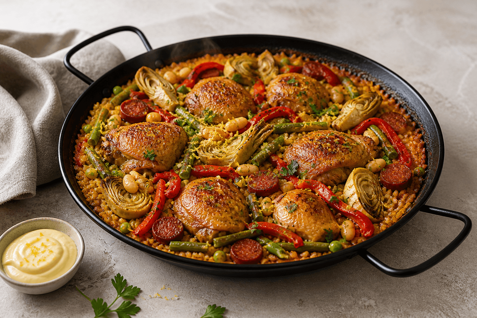 Safrangylden paella i sort pande med sprøde kyllingelår, chorizo, artiskok, grønne bønner, ristet peber, hvide bønner og citronaioli