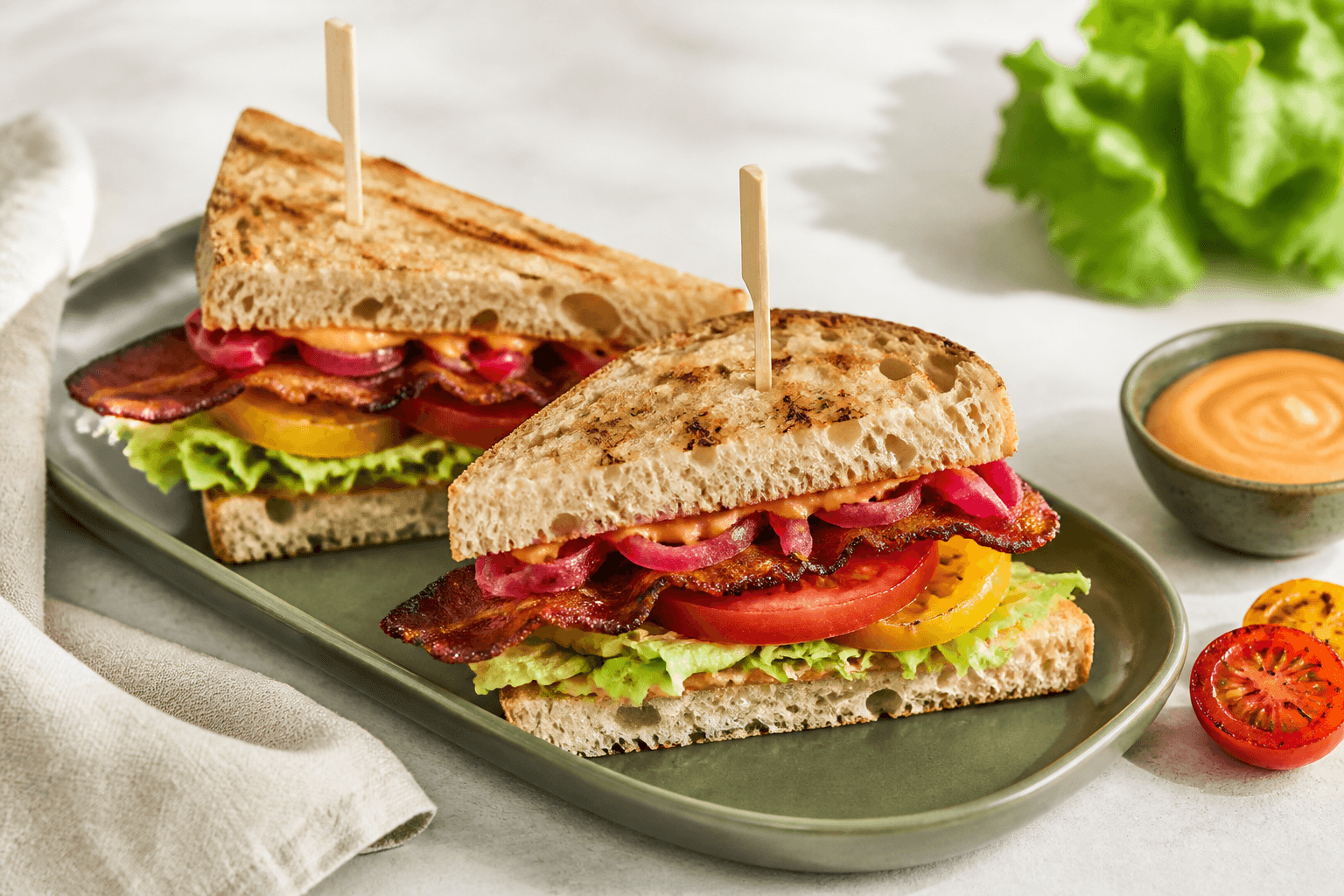 To høje BLT-halvdele af grillet surdejsfocaccia med peberbacon, røde og gule tomater, hjertesalat, syltet rødløg og røget tomatmayo på grønt fad