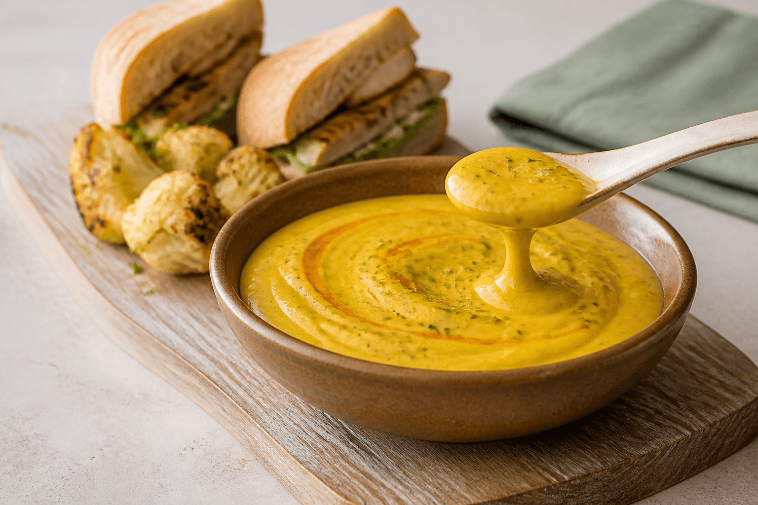 Tyk gylden karrydressing med mango, lime, ingefær og grønne cornichonstykker i brun stentøjsskål med ske, blomkål og sandwich