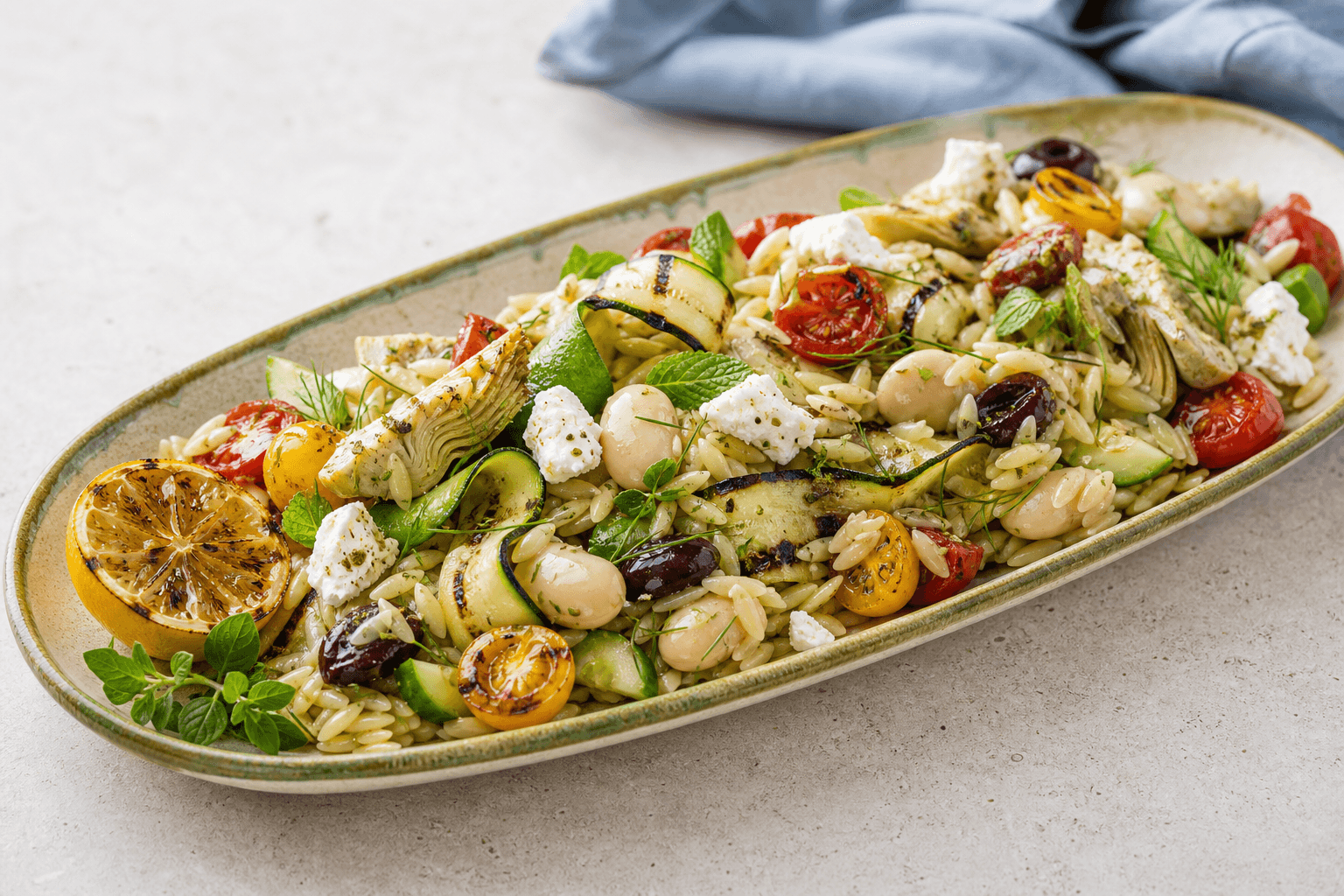 Græsk orzosalat på langt lyst fad med grillede squashbånd, artiskok, hvide bønner, blistertomater, agurk, oliven, feta, citron, dild og mynte