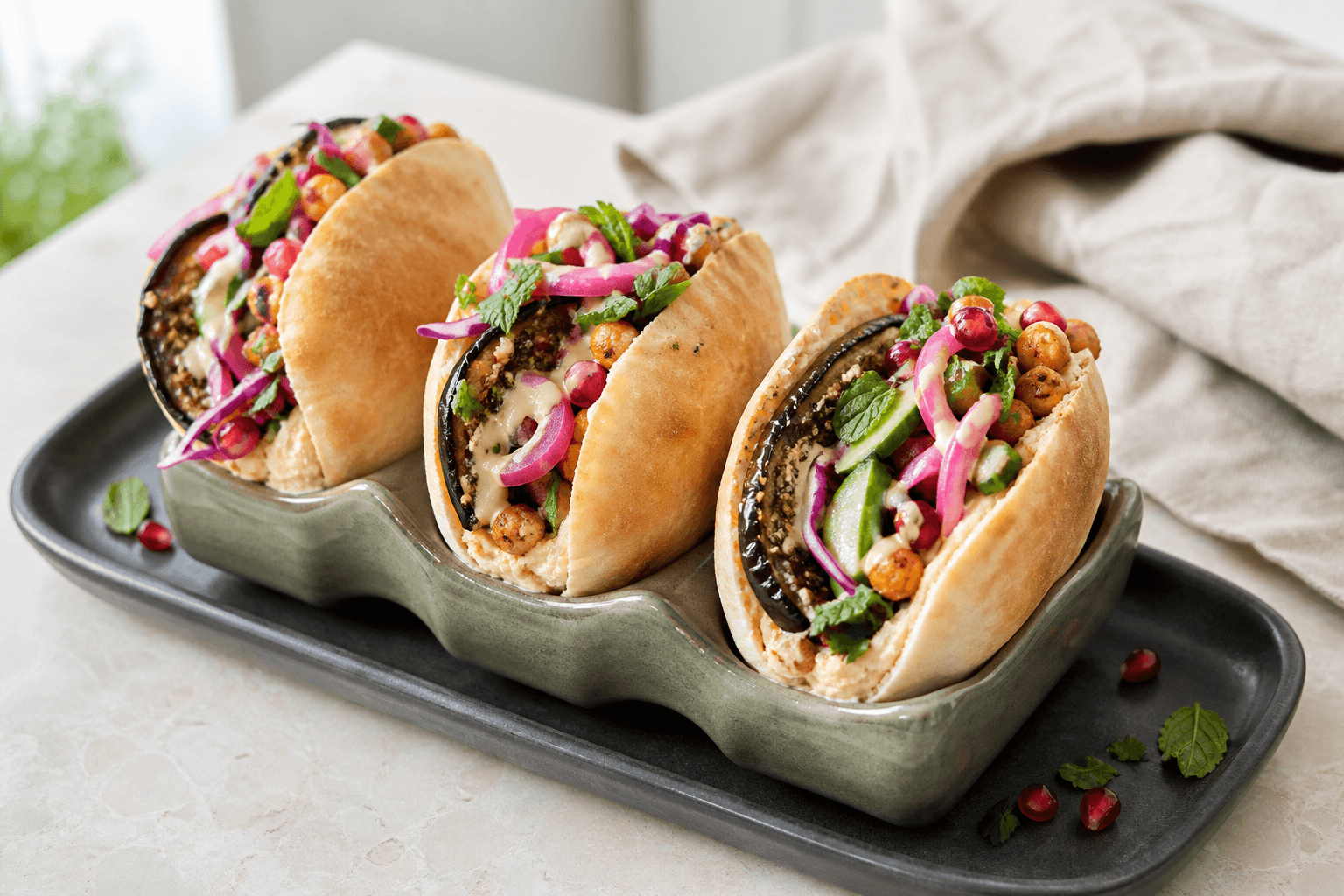 Tre små pita i grøn holder med zaatar-aubergine, citron-bønnehummus, sprøde kikærter, pink sumakløg, kål, agurk, urter og tahin