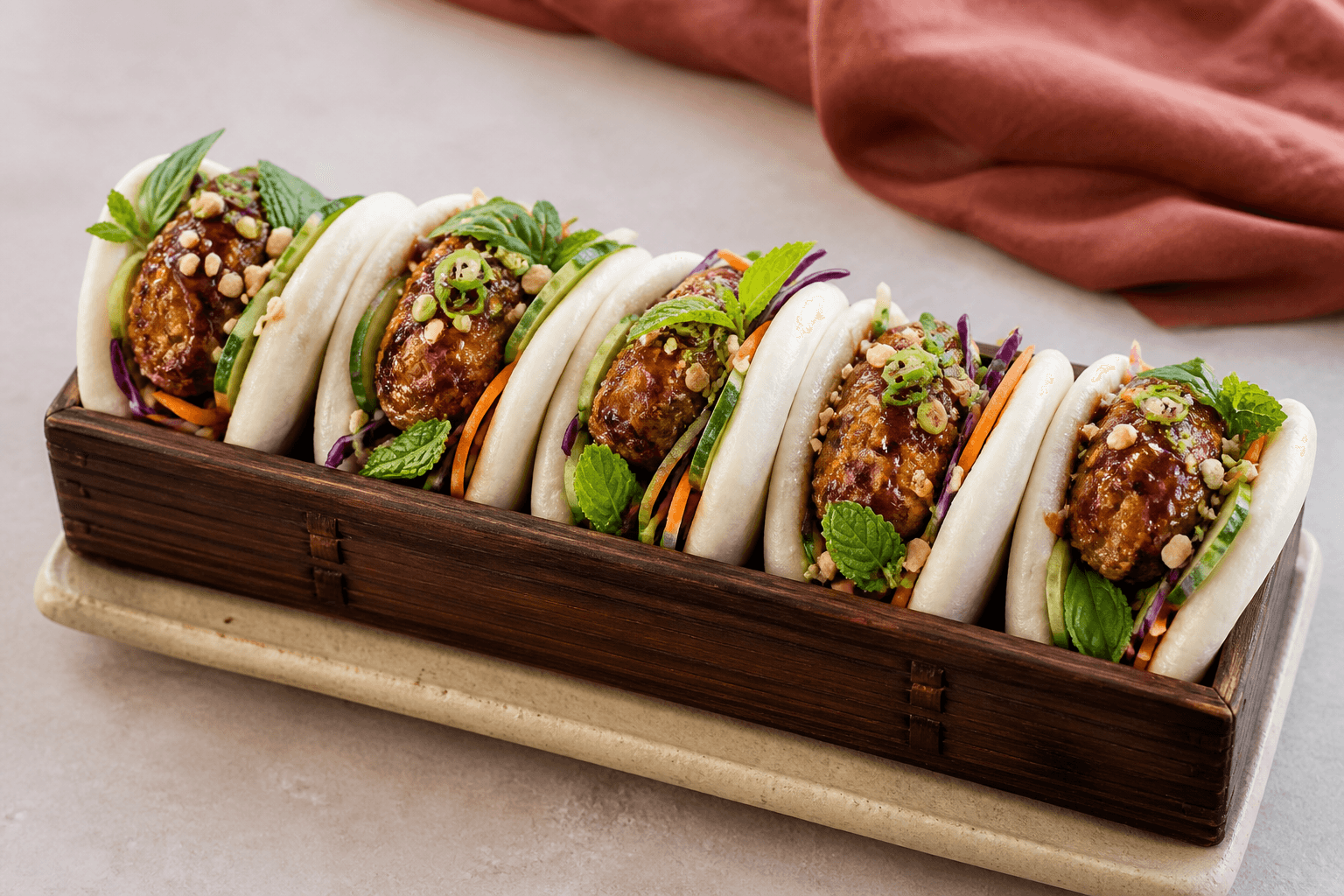 Fem hvide gua bao med glaserede citrongræssvinekødboller, lilla og grøn sesamkål, syltet gulerod, agurk, mynte, thaibasilikum og peanuts i mørk bambusdamper