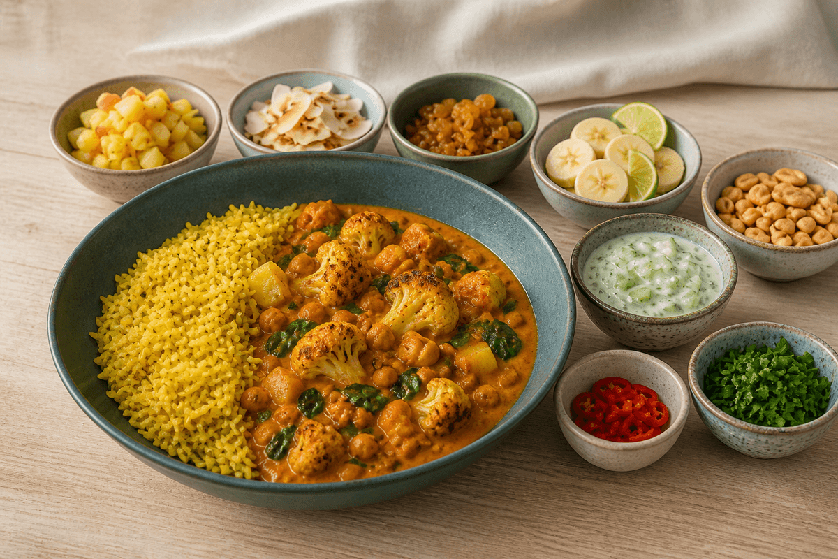 Vegetarisk ristaffel i teal skål med gurkemejeris og orange kokos-linsekarry med blomkål, kikærter og spinat omgivet af otte toppings