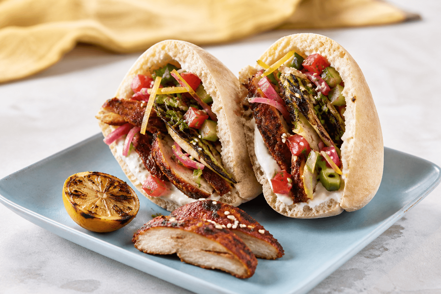 To pita med skiver af mørk sumak-shawarmakylling, forkullet spidskål, tomat-agurkesalat, pink løg, syltet citron og tahinyoghurt på lyseblåt fad