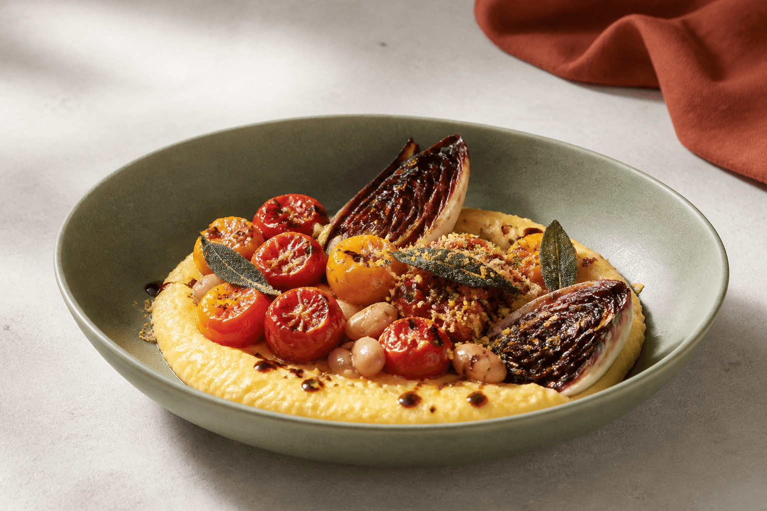 Cremet gylden rosmarinpolenta med røde og gule balsamicobagte tomater, hvide bønner, forkullet radicchio, sprød salvie og citronknas i mat grøn skål