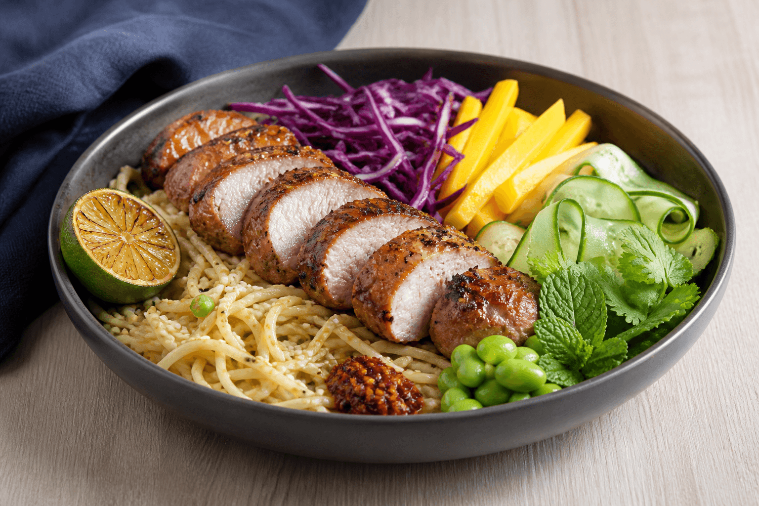 Karamelliserede skiver af citrongræsmørbrad over sesamnudler med lilla kål, gul mango, agurkebånd, edamame, urter, chilicrisp og grillet lime i mørk skål