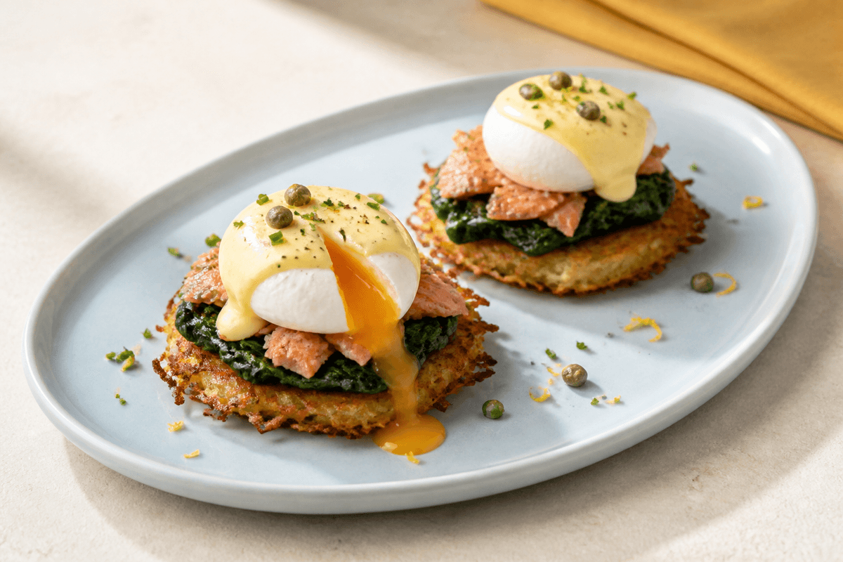 To Eggs Florentine på sprød kartoffelrösti med spinat, flager af varmrøget laks, pocherede æg, brunet-smør-hollandaise, kapers, purløg og citron på lyseblåt fad