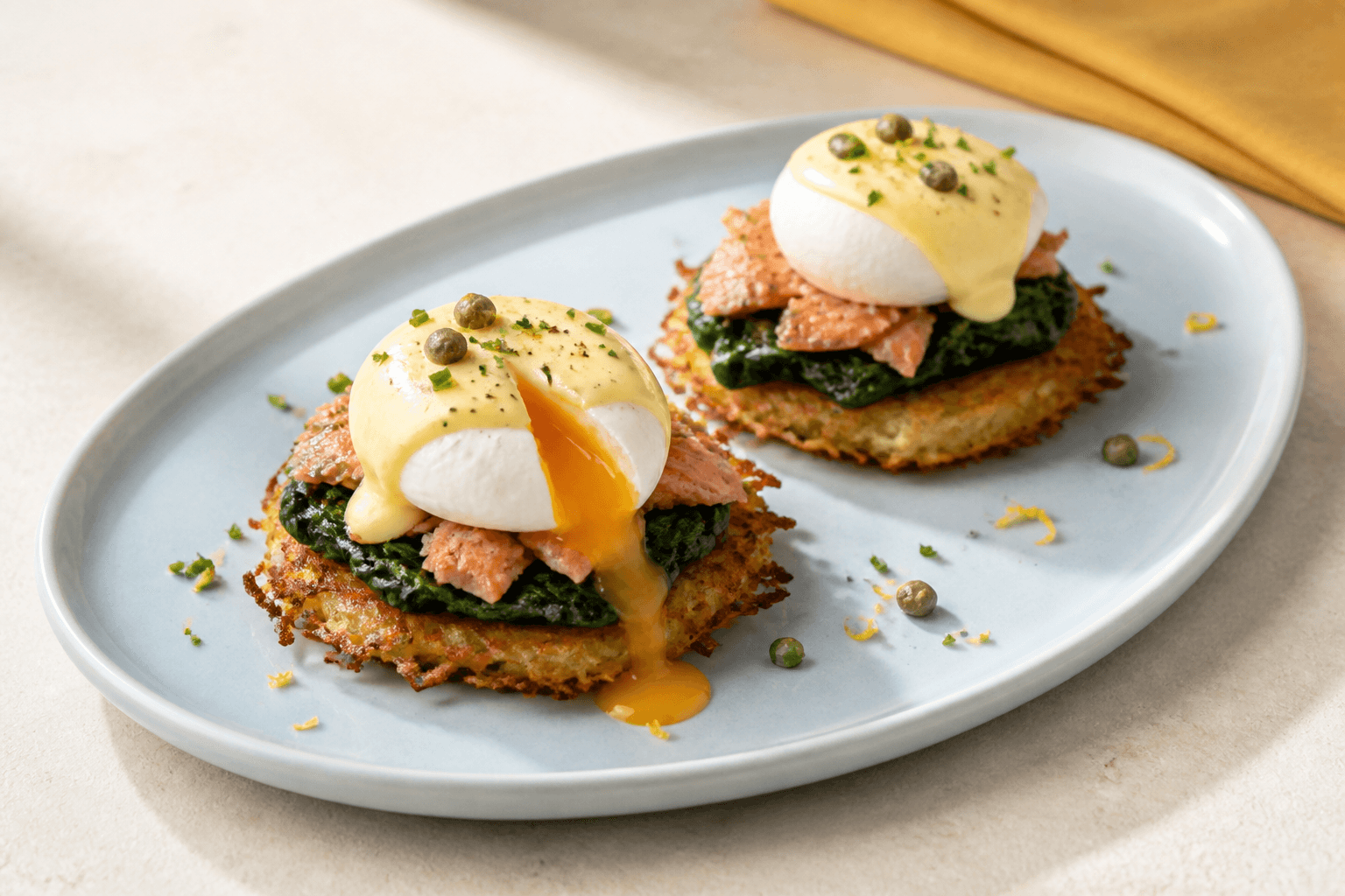 To Eggs Florentine på sprød kartoffelrösti med spinat, flager af varmrøget laks, pocherede æg, brunet-smør-hollandaise, kapers, purløg og citron på lyseblåt fad