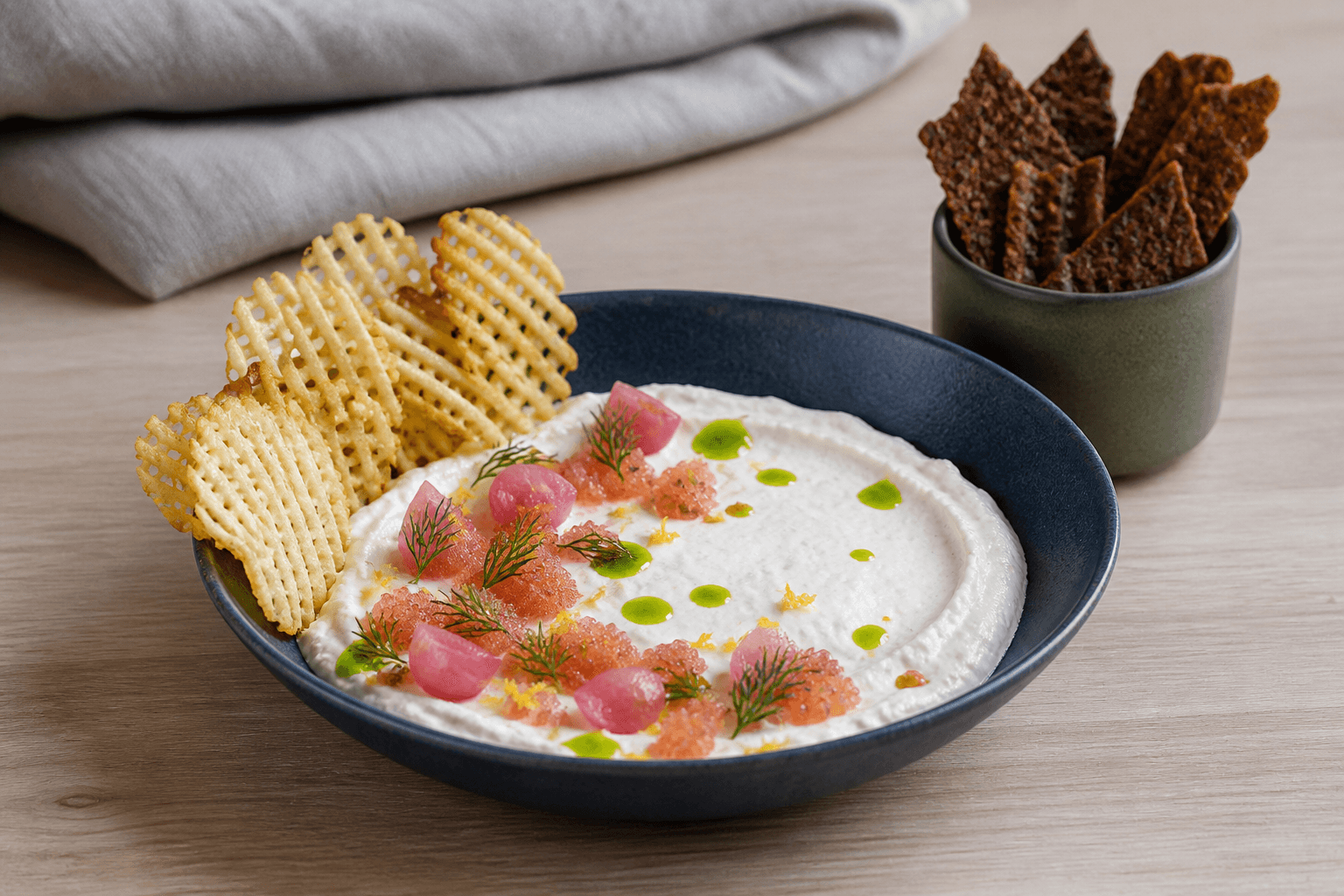 Pisket hvid stenbiderrogndip med koralfarvet rogn, pink skalotteløg, dild, citron og grøn olie i midnatsblå skål med vaffelchips og rugflager