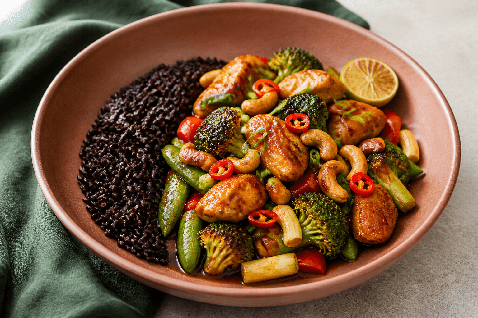 Sticky gylden cashewkylling med mørktgrillet broccoli, grønne sukkerærter, rød peber, forårsløg, hele cashewnødder og chili ved sort jasminris i terracottafarvet skål