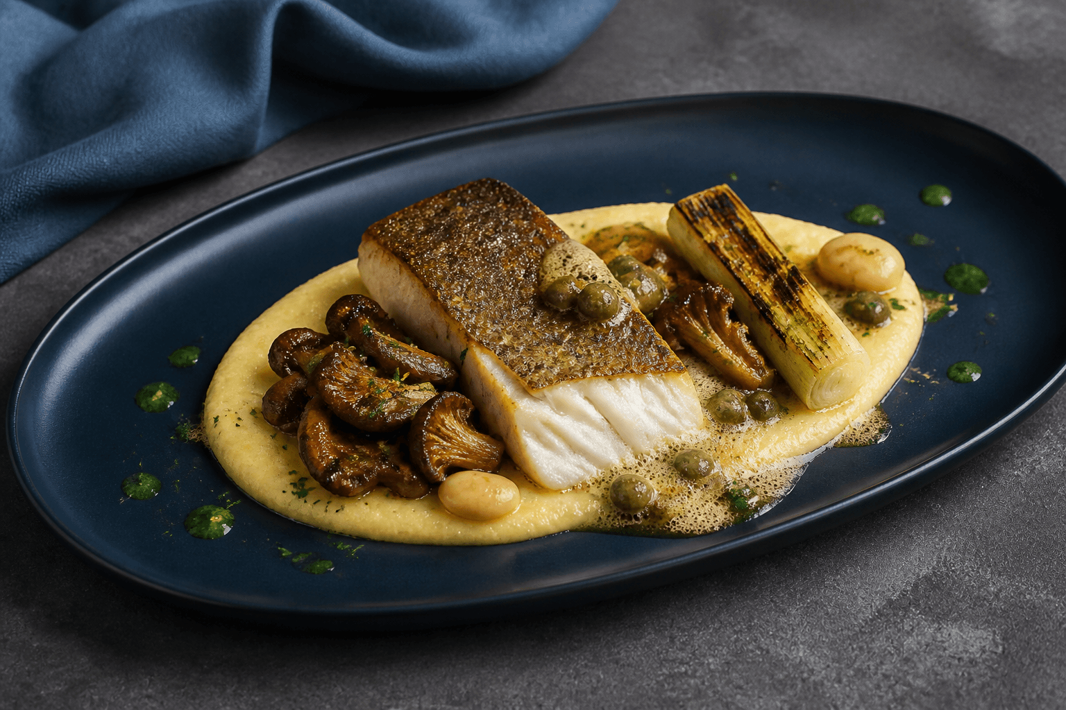 Skindstegt torsk med sprødt gyldent skind på lys selleri-polenta, mørke misosvampe, forkullet porre, hvide bønner, kaperssmør og grøn persilleolie på mat marineblå tallerken