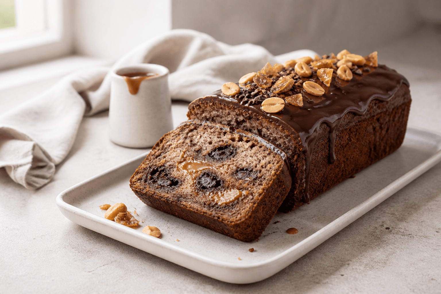Høj brunet-smør-banankage i brødform med mørk chokoladeganache, misokaramel og peanutpraliné på varm hvid keramik med en tyk skive foran