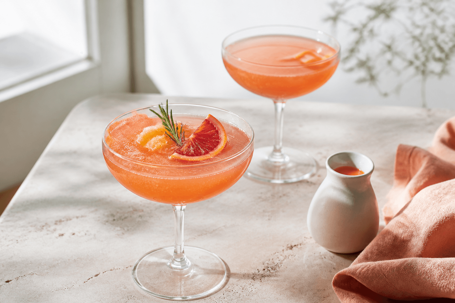 To coupeglas med koralfarvet blodappelsin-havtorn-mimosa, fine bobler, citrusgranité, blodappelsin og rosmarin på lyst nordisk morgenbord