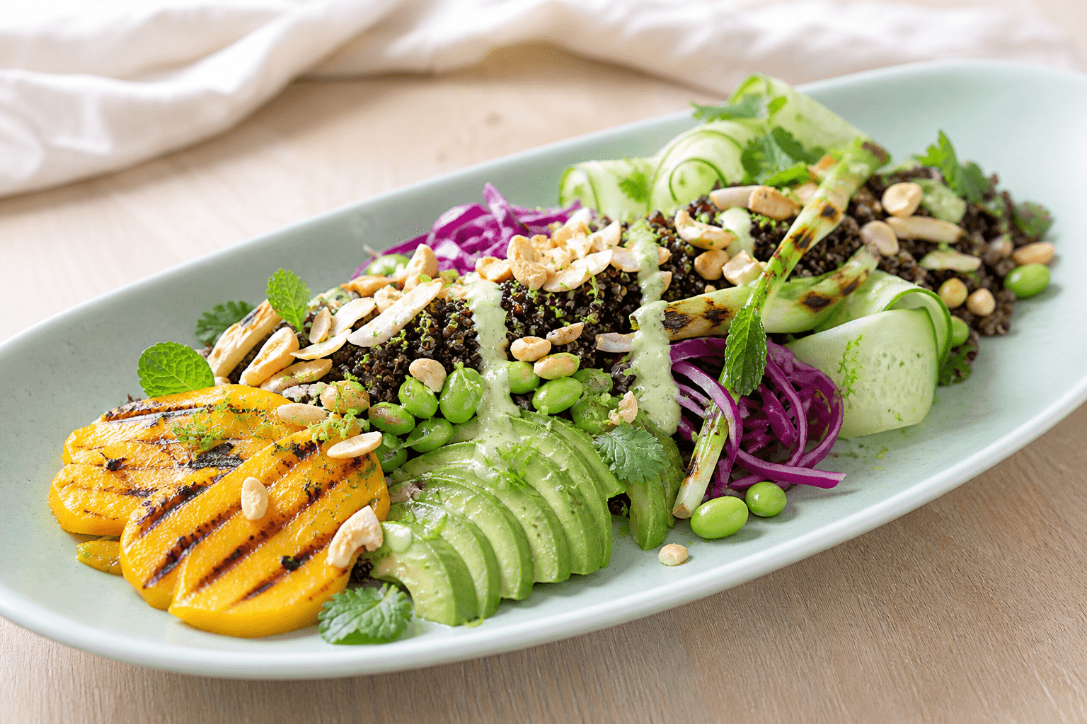 Grillet mango-avocadosalat med sort quinoa, edamame, agurkebånd, lilla kål, forkullet forårsløg, urter, kokos-cashewcrunch og lys lime-misodressing på langt celadongrønt fad
