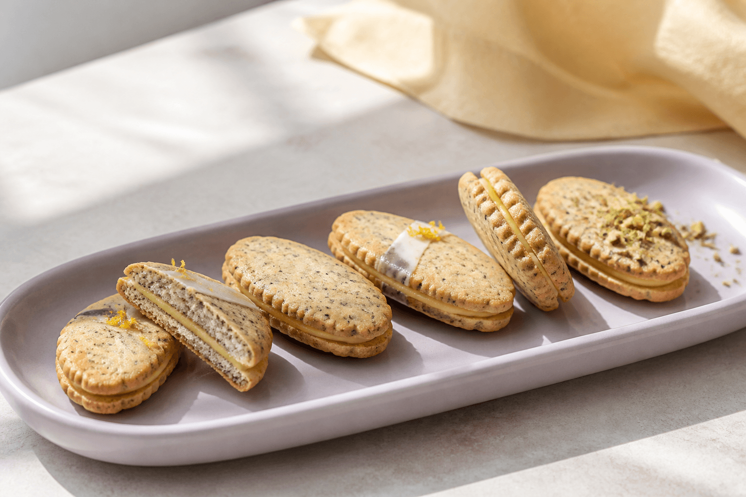 Ovale citronsandwichsmåkager med birkes, tynd gul lemoncurd, hvid citronglasur og lidt pistacie på langt mat lyslilla fad
