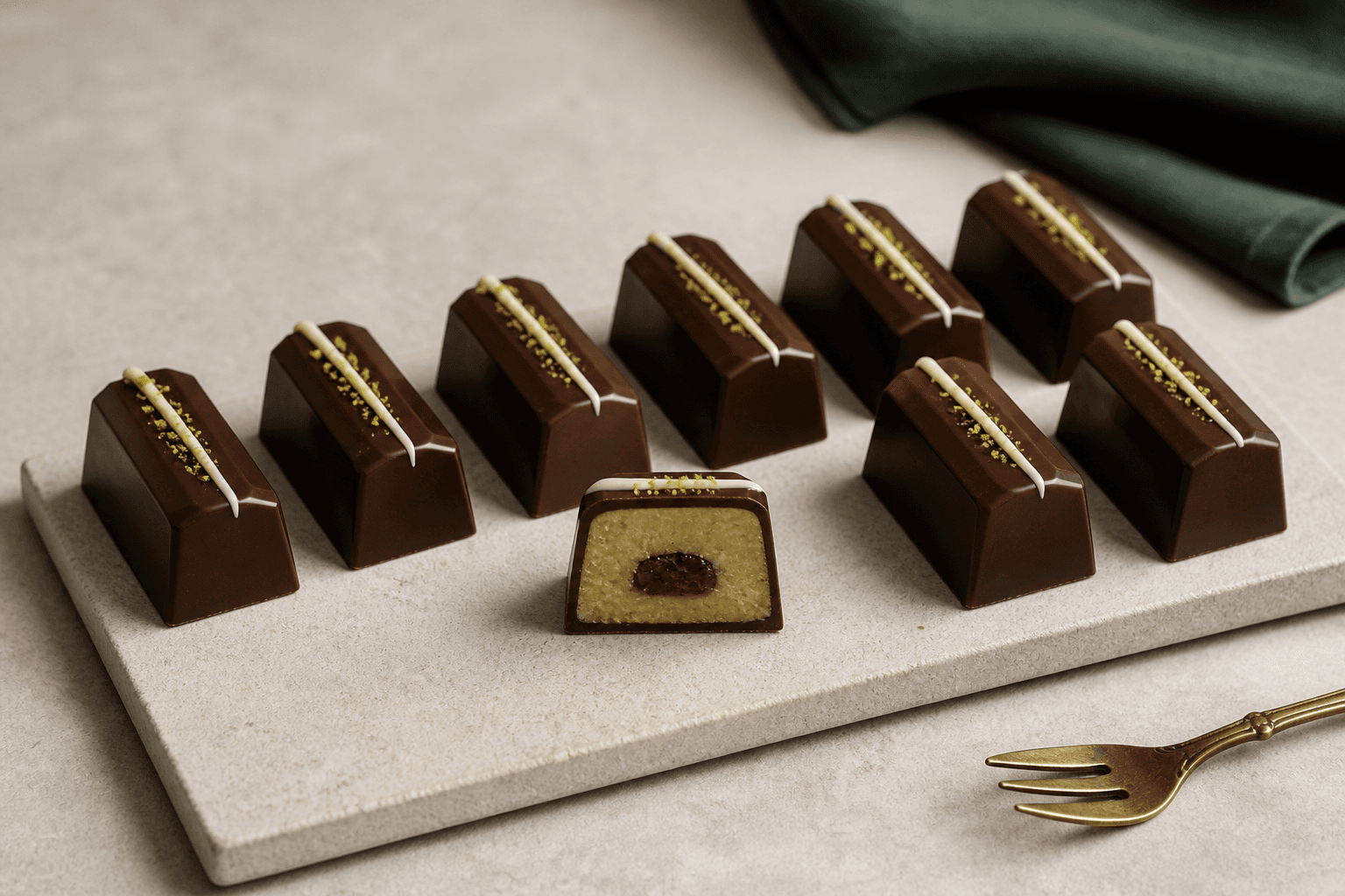 Facetterede mørke chokoladepraliner med pistacie-marcipan, syrlig kirsebærkerne, hvid chokoladelinje og pistaciedrys på smal havrefarvet keramik