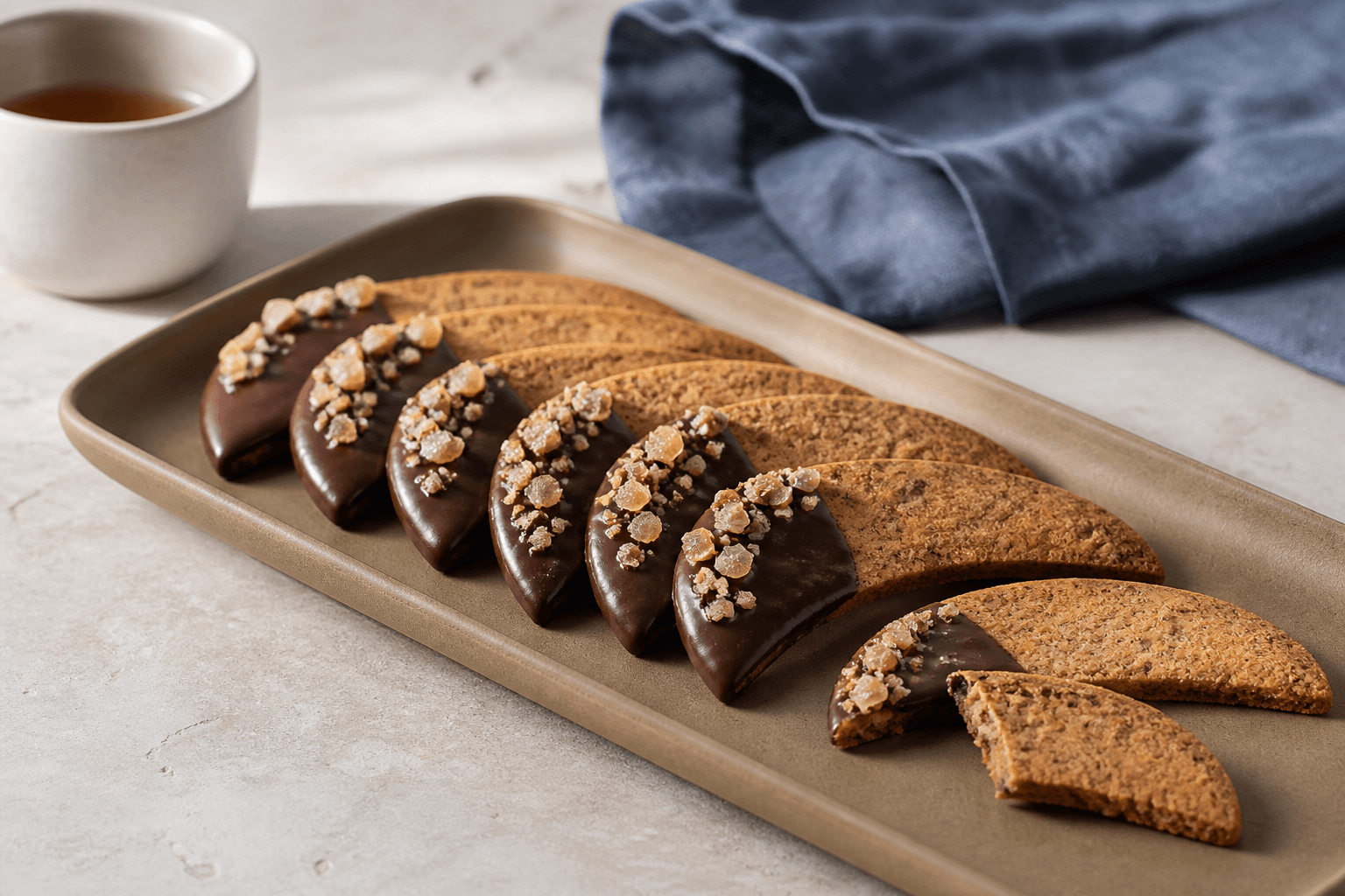 Halvmåneformede ingefærsmåkager med rug, appelsin og hasselnød, halvt dyppet i mørk chokolade på langt okkerfarvet fad
