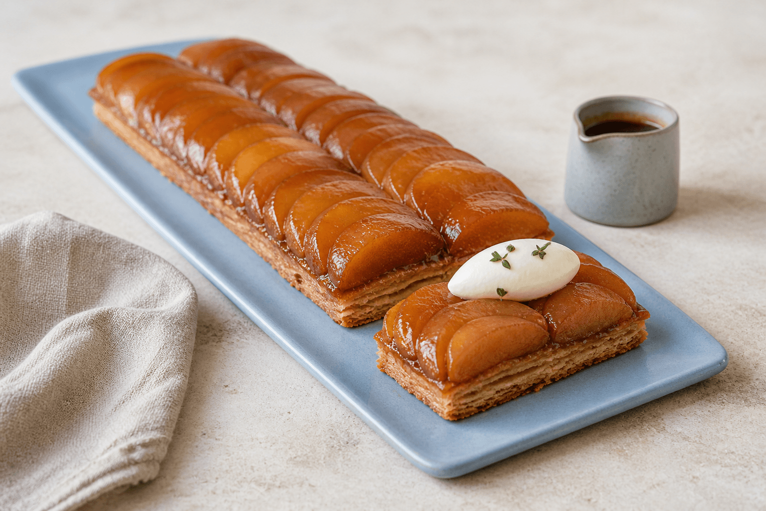 Lang rektangulær tarte tatin med blanke æbler, æblemostkaramel, rugsmørdej, timian og kærnemælkscreme på lyseblåt fad