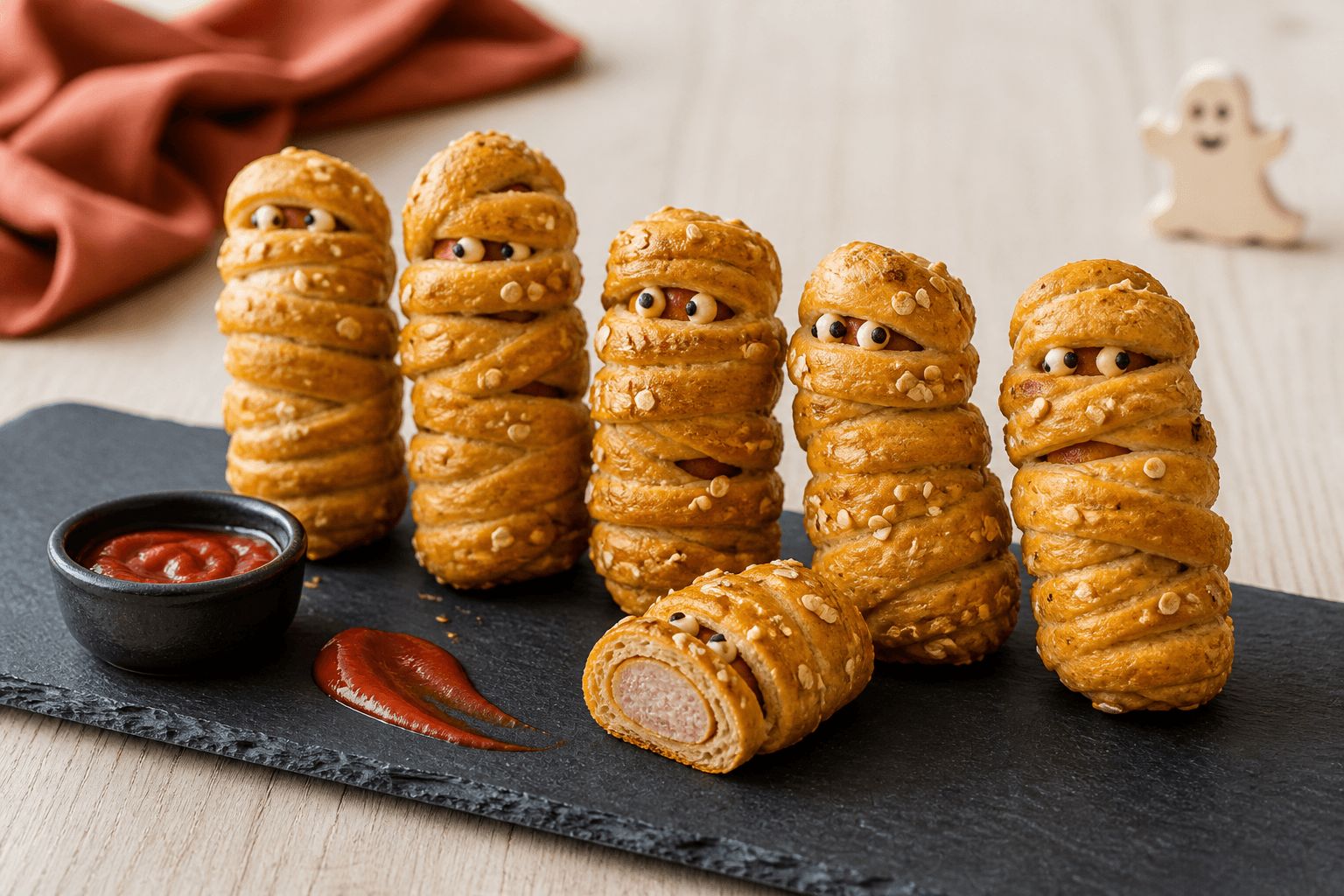Gyldne mumie-pølsehorn med gulerod, havre og kyllingepølse på sort skifer med naturlige ost- og olivenøjne samt rødbedeketchup