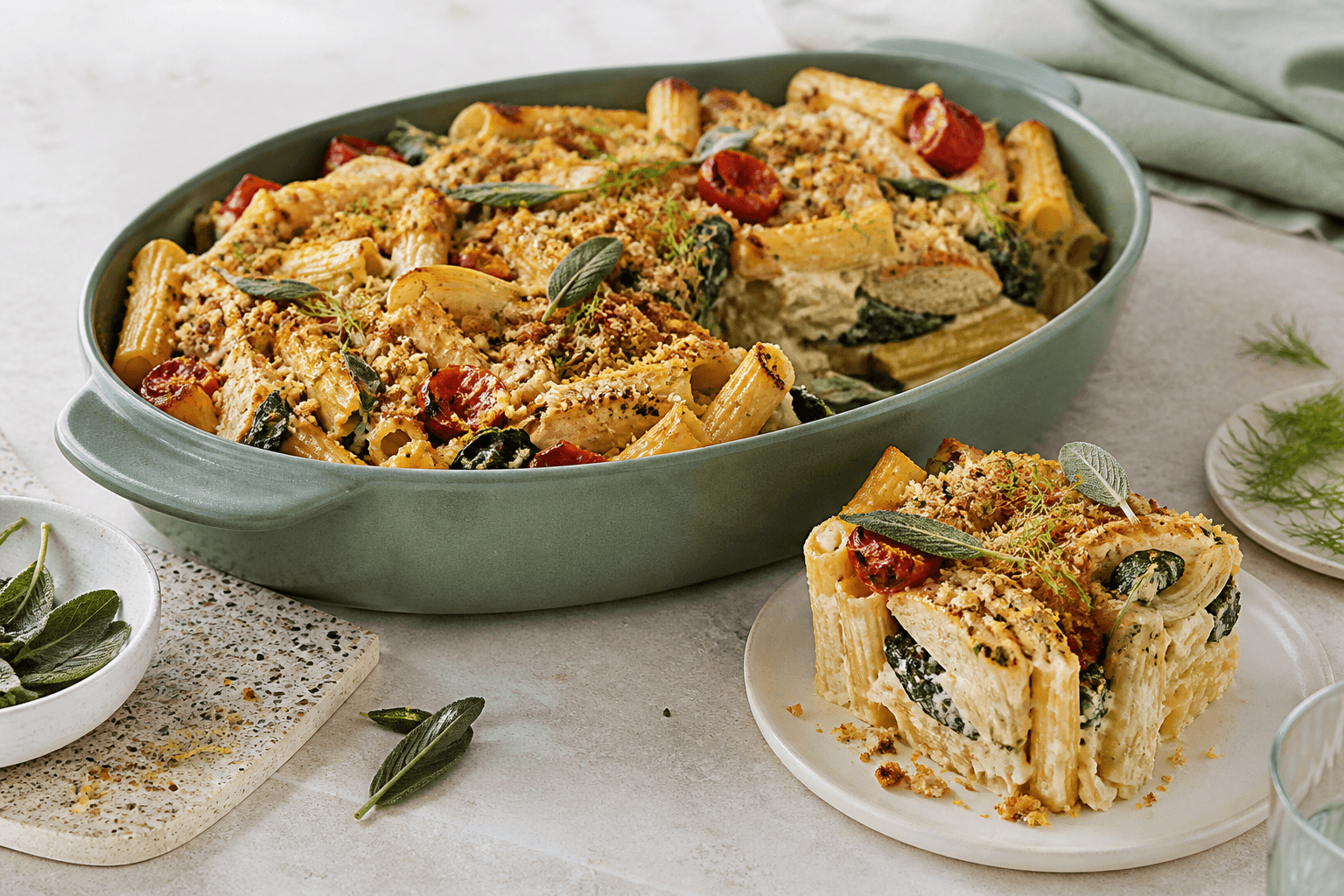 Bagt rigatoni med citronkylling, fennikel, spinat og tomater i grøn oval form med sprød salvie-hasselnøddecrumble og et udtaget lag