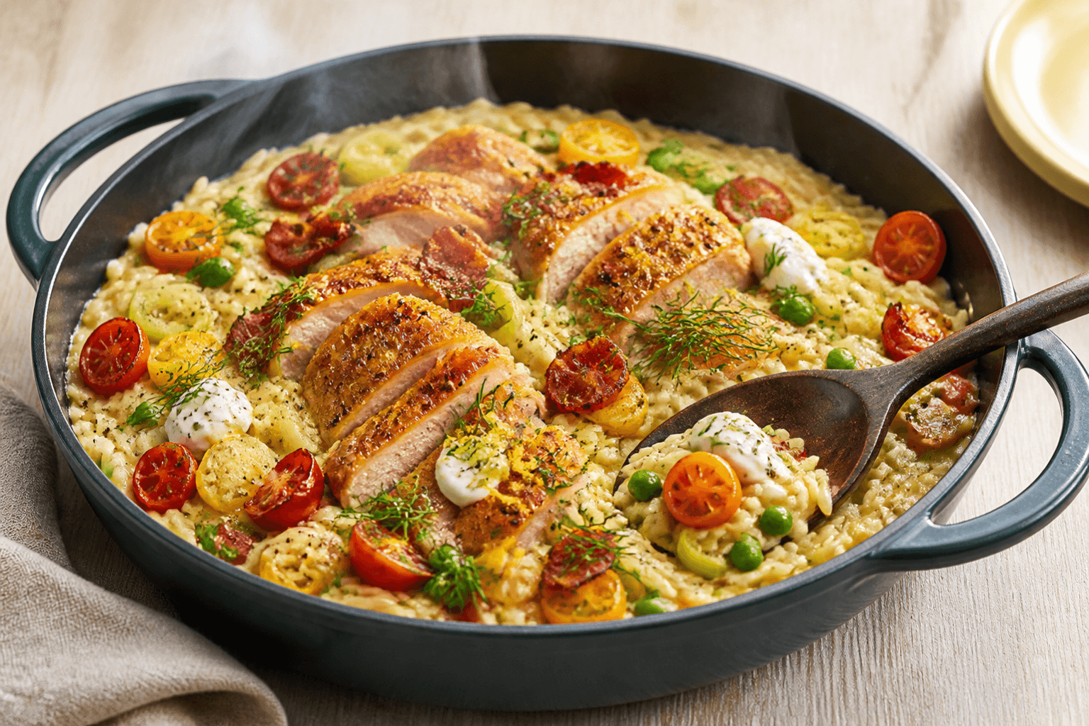 Dampende cremet one-pot orzo i mørk tealgryde med gylden kylling, porrer, ærter, blærede tomater, sprød bacon, citronmascarpone og dild