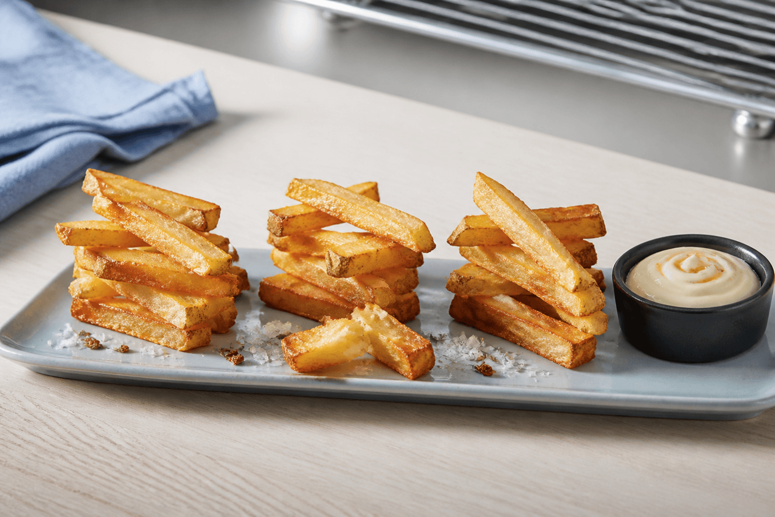Tre stakke tykke sprøde pommes frites med rosmarin-røgsalt og ristet hvidløgs-skyrmayo på langt lyseblåt fad