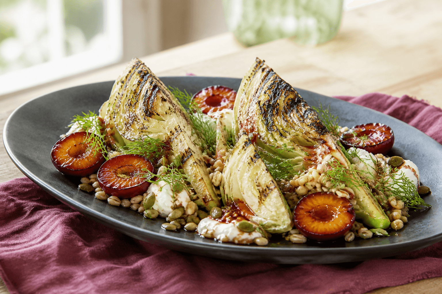 Lun salat med grillede spidskålsbåde og blommer, perlebyg, pisket feta, græskarkerner og rubinrød vinaigrette på røggråt fad