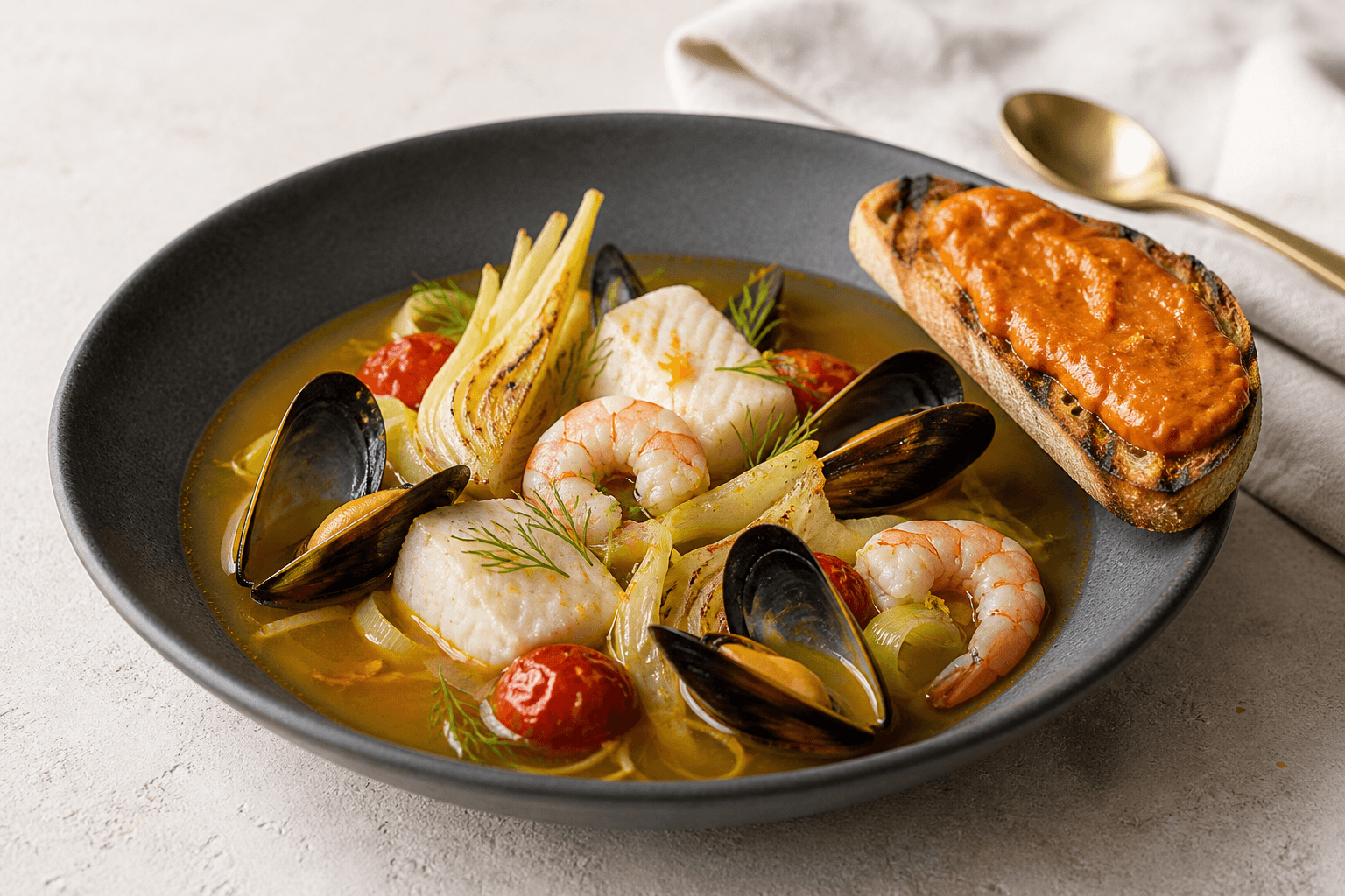 Klar safran-fiskesuppe med torsk, blåmuslinger, rejer, bagt fennikel, tomat og grillet brød med appelsinrouille i koksgrå skål