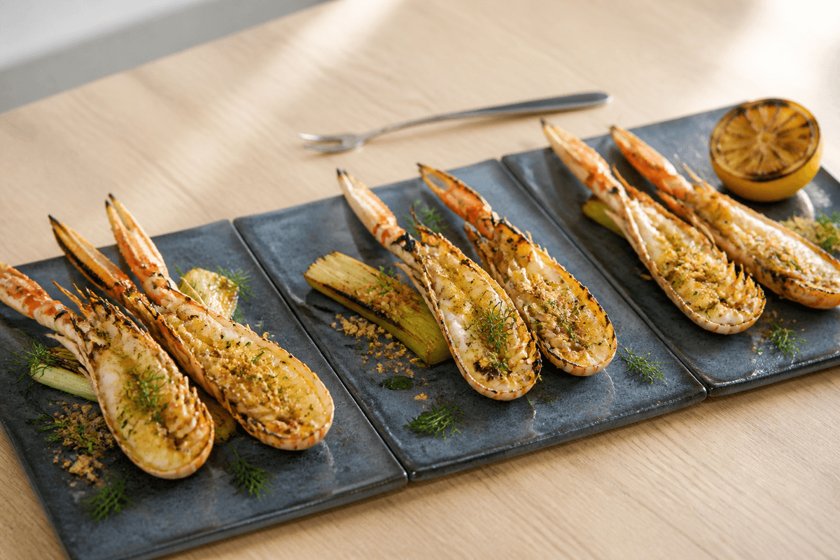 Grillede jomfruhummere med brunet citronsmør, dildolie, grillet porre og rugbrødsknas på tre mørkeblå keramikfliser