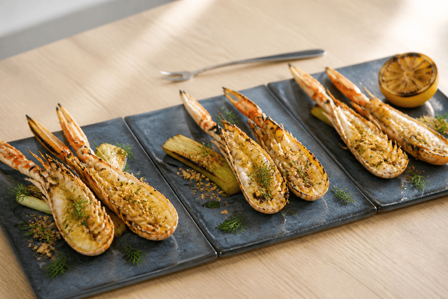 Grillede jomfruhummere med brunet citronsmør, dildolie, grillet porre og rugbrødsknas på tre mørkeblå keramikfliser