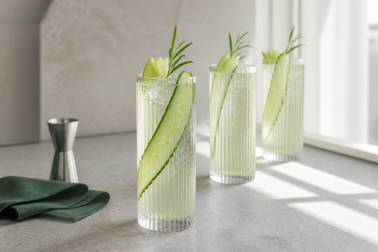 Tre lysegrønne garden highballs med gin, hyldeblomst, grønt æble, agurk, estragon, tonic og klare isspyd i riflede glas