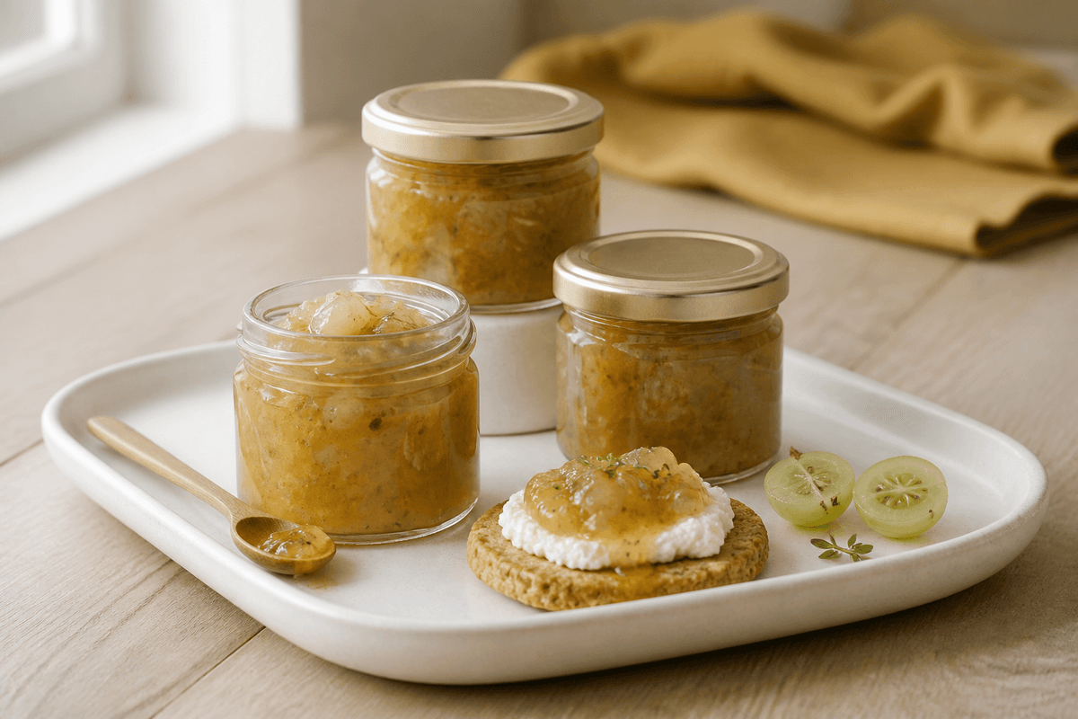 Lys stikkelsbærmarmelade med bagt æble, vanilje, timian og citron i tre små glas på cremefarvet bakke med havrekiks og ricotta
