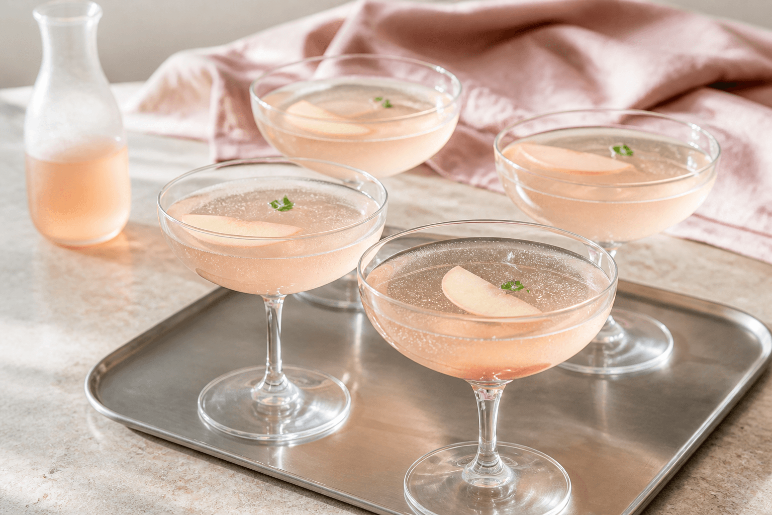 Fire lyserøde Bellini-cocktails med hvid fersken, rabarber, citronverbena og rosé prosecco i coupes på stålbakke