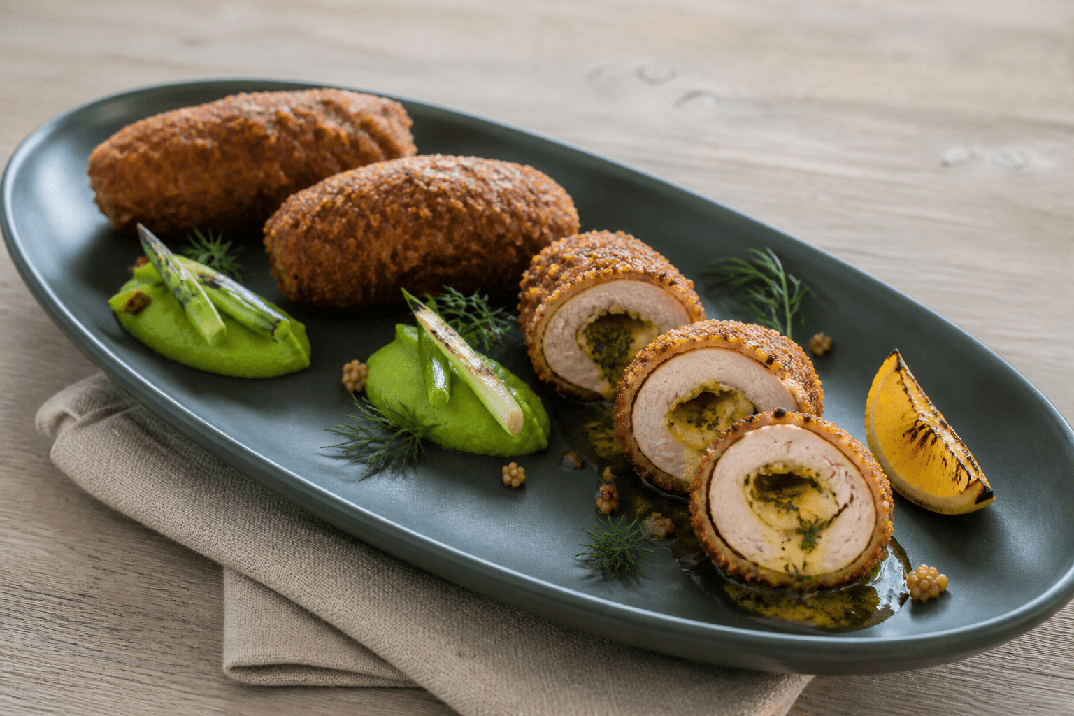 Kylling Kiev-roulader med sprød rug-panko, dild-estragonsmør, ærtepuré, grillede forårsløg, sennepsfrø og citron på mørkegrønt fad