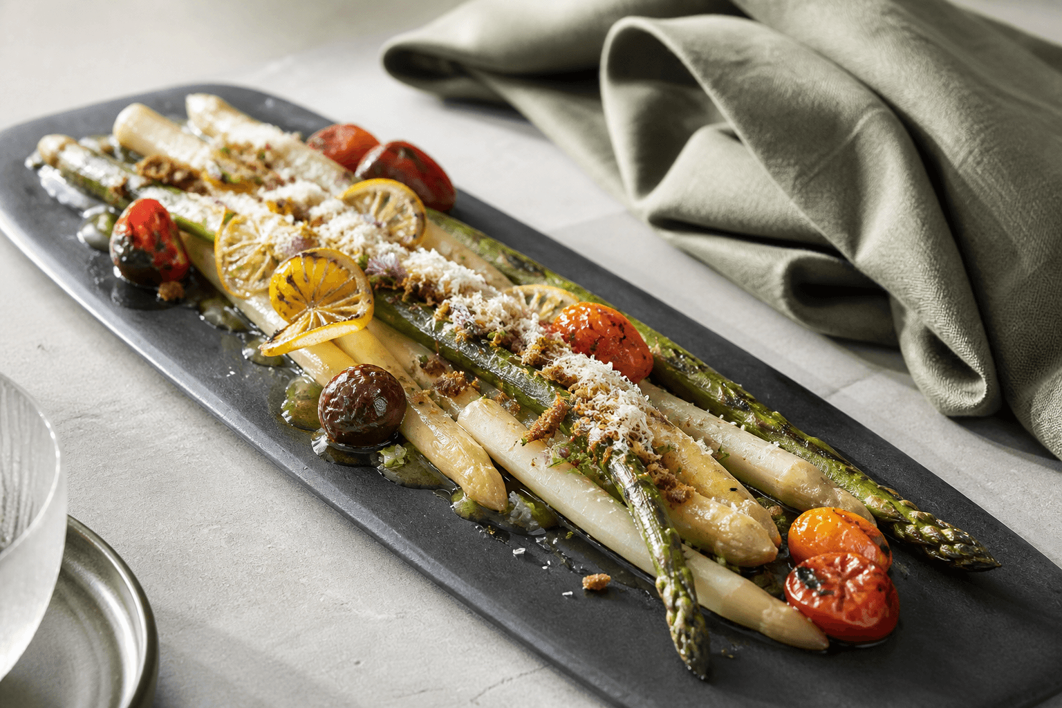 Grillede grønne og hvide asparges med langsombagte tomater, brunet citronsmør, parmesan, rugknas og purløg på langt sort skiferfad