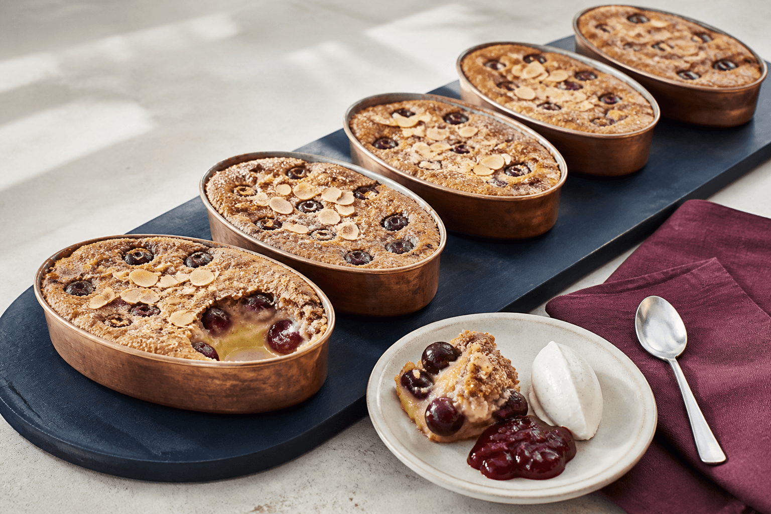 Fem portionsbagte kirsebær-clafoutis med brunet smør, boghvede og mandel på mørkeblåt bræt med kirsebærkompot og vaniljeskyr