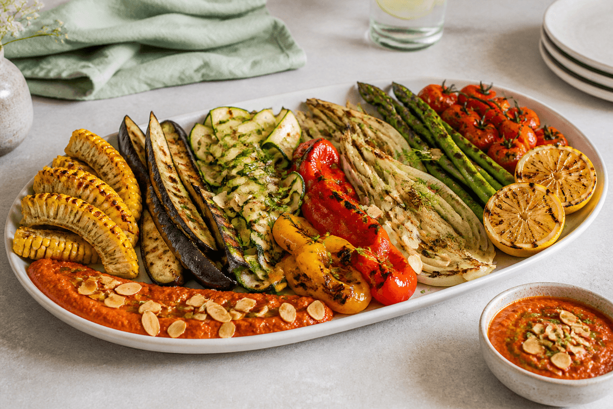 Grillede sommergrøntsager med majsribs, røget mandelromesco, urteolie og grillet citron på et langt lyst fad
