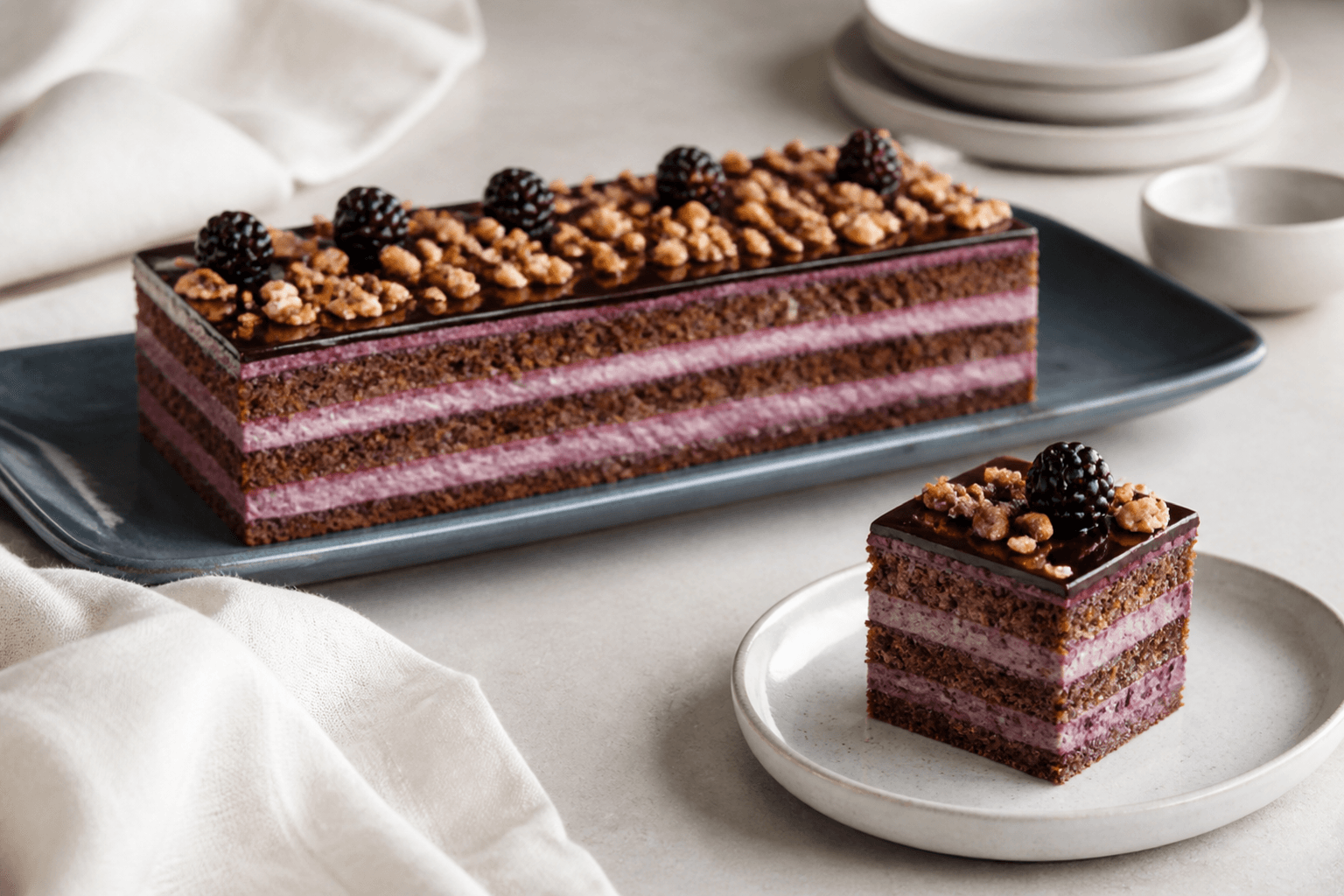 Rektangulær rugbrødslagkage med mørke rug-hasselnøddebunde, violet solbærmousse, chokoladeganache, hasselnøddeknas og brombær