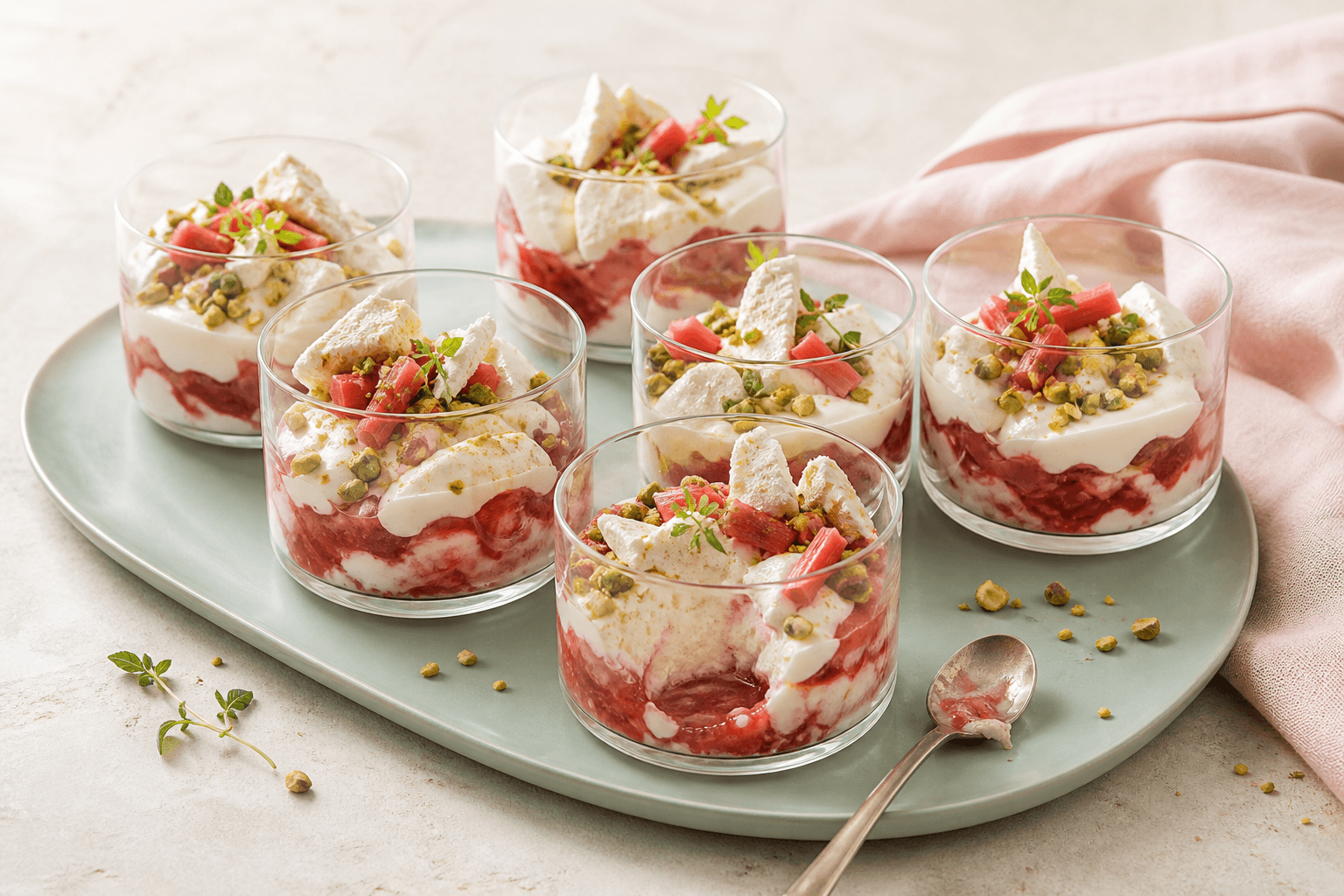 Seks lave glas med rabarber-hindbær Eton mess, kærnemælksfløde, citronmarengs, pistacieknas og små rabarberstykker på et salviegrønt fad