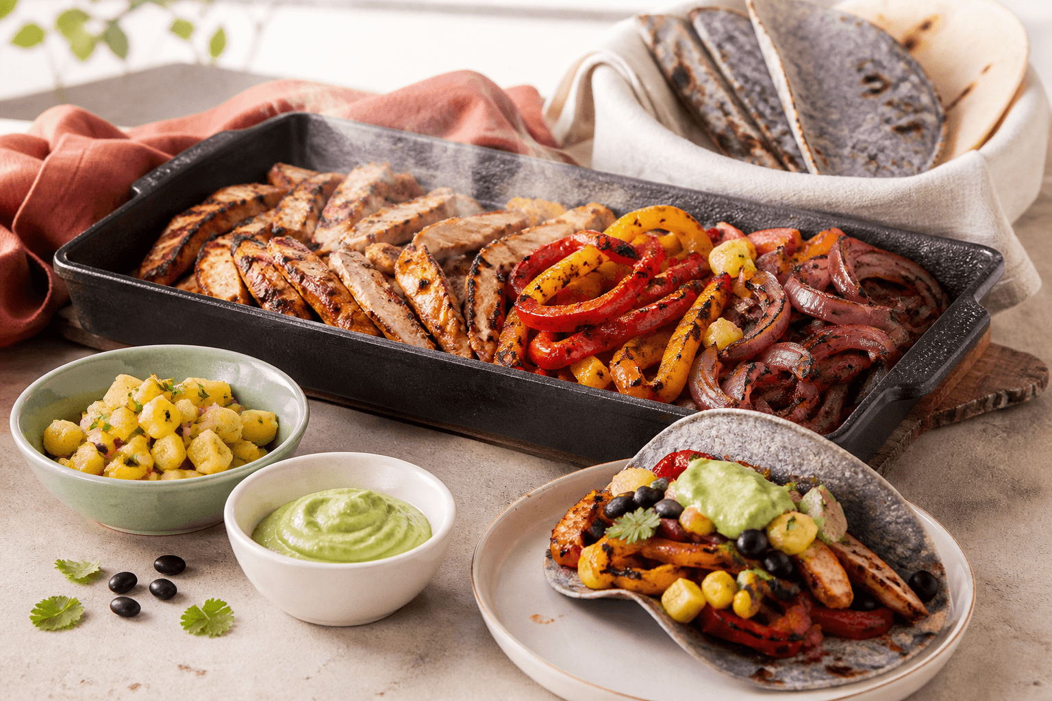 Lime-chipotle kyllingefajitas med forkullede peberfrugter og løg i sort pande, tortillas, ananas-majssalsa, sorte bønner og avocadocreme