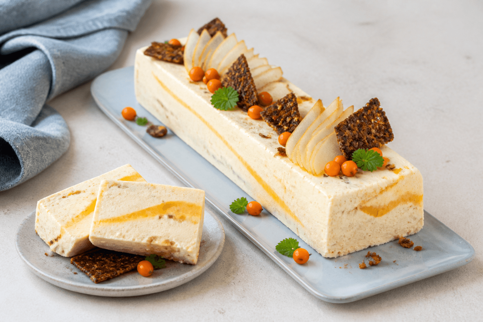 Aflang brunet smør-vaniljeparfait med orange havtornsripple, pocheret pære, rugkaramelskår og udskårne skiver på lyseblåt fad