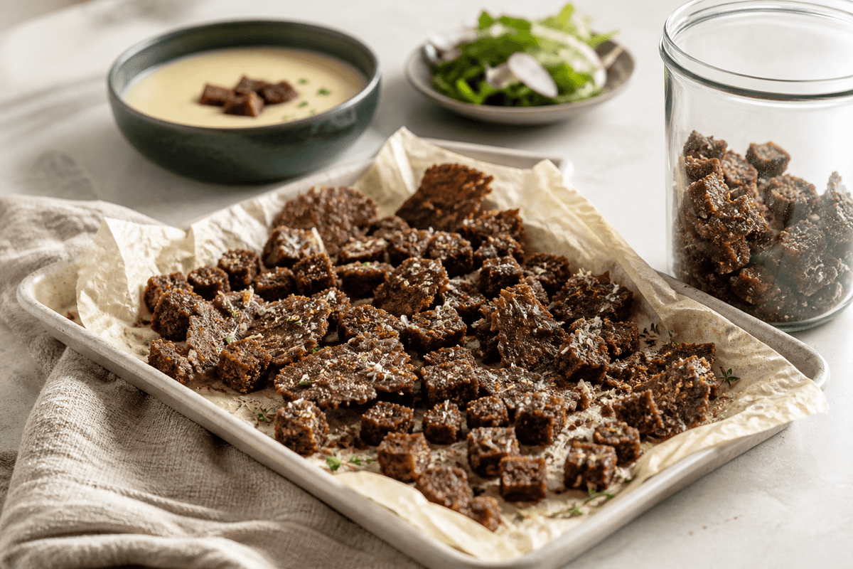 Ovnbagte rugbrødscroutoner som små tern og tynde skår med hvidløg, timian, fennikelfrø og lagret ost på bagebakke og i glas