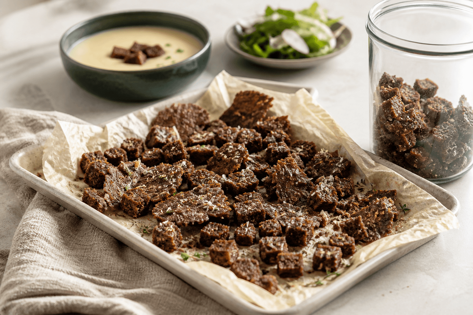 Ovnbagte rugbrødscroutoner som små tern og tynde skår med hvidløg, timian, fennikelfrø og lagret ost på bagebakke og i glas