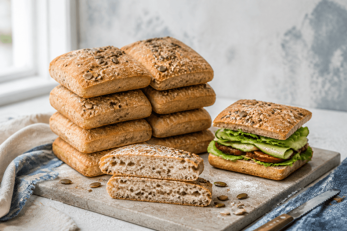 Stak af høje koldhævede sandwichfirkanter med malt, rugflager, hørfrø og kerner, to overskårne brød og en færdig sandwich