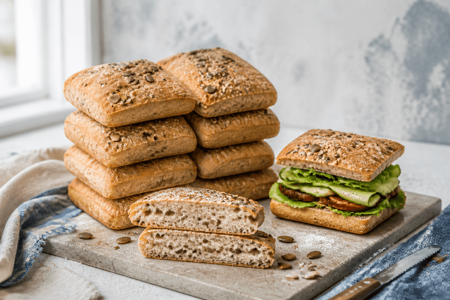 Stak af høje koldhævede sandwichfirkanter med malt, rugflager, hørfrø og kerner, to overskårne brød og en færdig sandwich