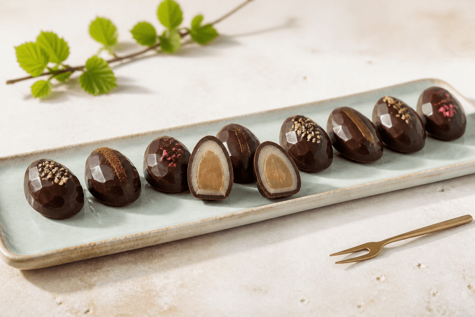 Ni facetterede mørke pralinéæg med hasselnøddegianduja og marcipanbånd på et langt celadongrønt fad