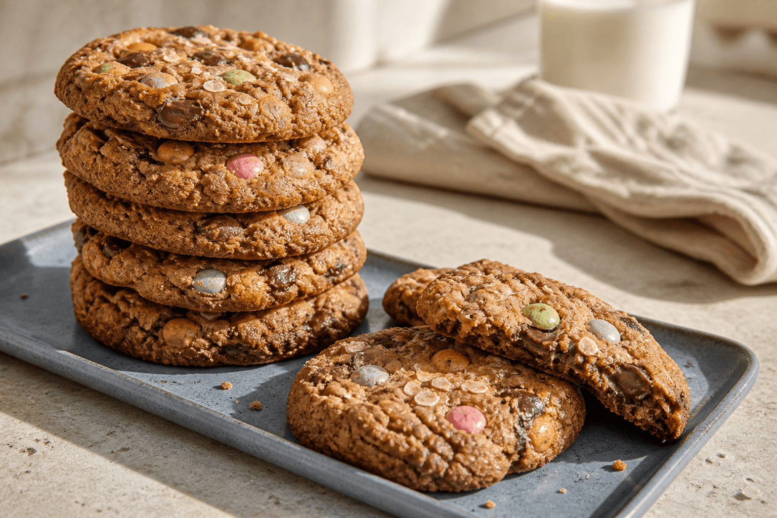 Tykke cookies med brunet smør, rugmiso, mørk chokolade og naturligt farvede konfettiknapper på en støvet blå bakke